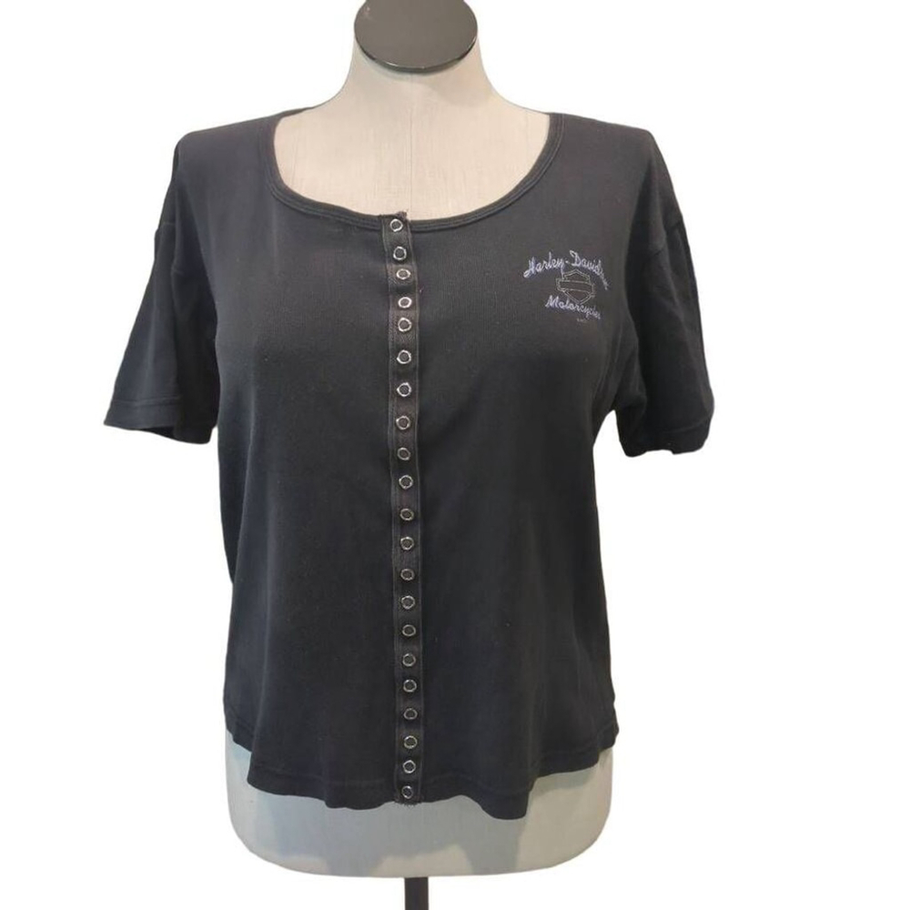 Harley Davidson Women's Snap Font Ribbed Tee Shirt Black Pueblo Colorado Logo S